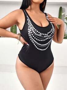 Allurite Pearl Beaded Print Round Neck Bodysuit - Black - View 1