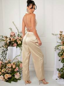 L'Amorae Pinstriped Halter Top & Pants Two Pieces Set - Mint Blue - View 2