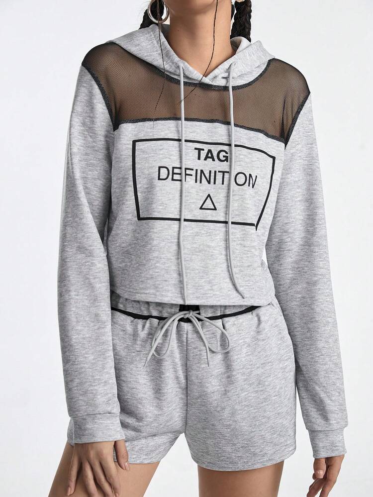 Mesh Stitching Letter Print Drawstring Hoodie And Shorts Set For Sport