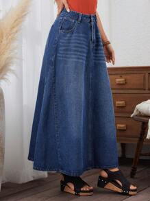 SHEIN LUNE Women's Denim Skirt With Pockets - Dark Wash - View 5