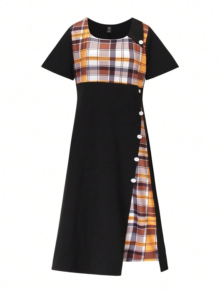 Plus Size Round Neck Grid Pattern Splice Dress