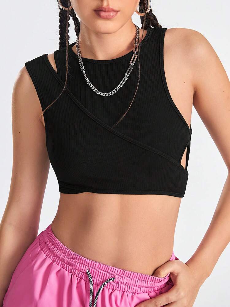 Women's Round Neck Sleeveless Sport Tank Top With 2 In 1 Design