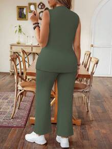 Celure Plus Size Stand Collar Sleeveless Top With Split Hem And Pants Two-Piece Set