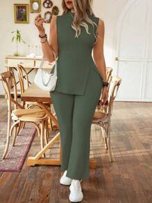 Celure Plus Size Stand Collar Sleeveless Top With Split Hem And Pants Two-Piece Set