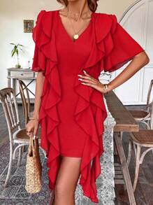 Breezaya Women's Short Sleeve Patchwork Ruffle Edge Dress