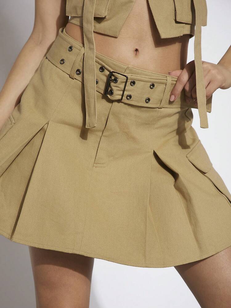 Pocket Halter Top & Belted Skirt Two Pieces Set