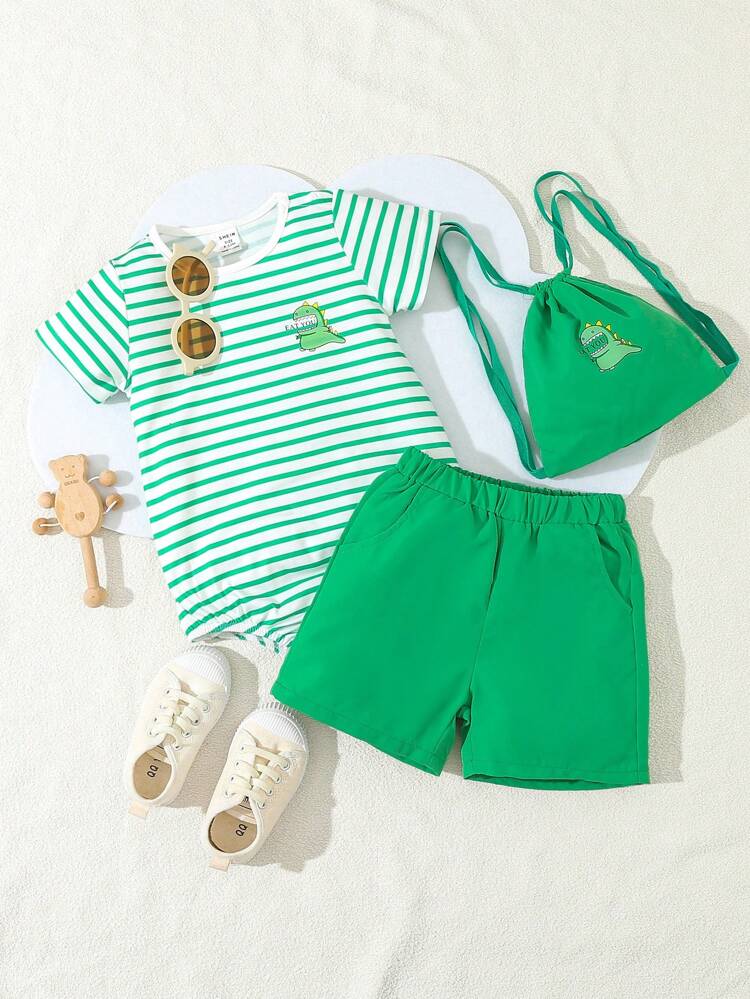 Baby Boy's Striped Dinosaur Print Short Sleeve Bodysuit And Shorts Set With Bag, Summer