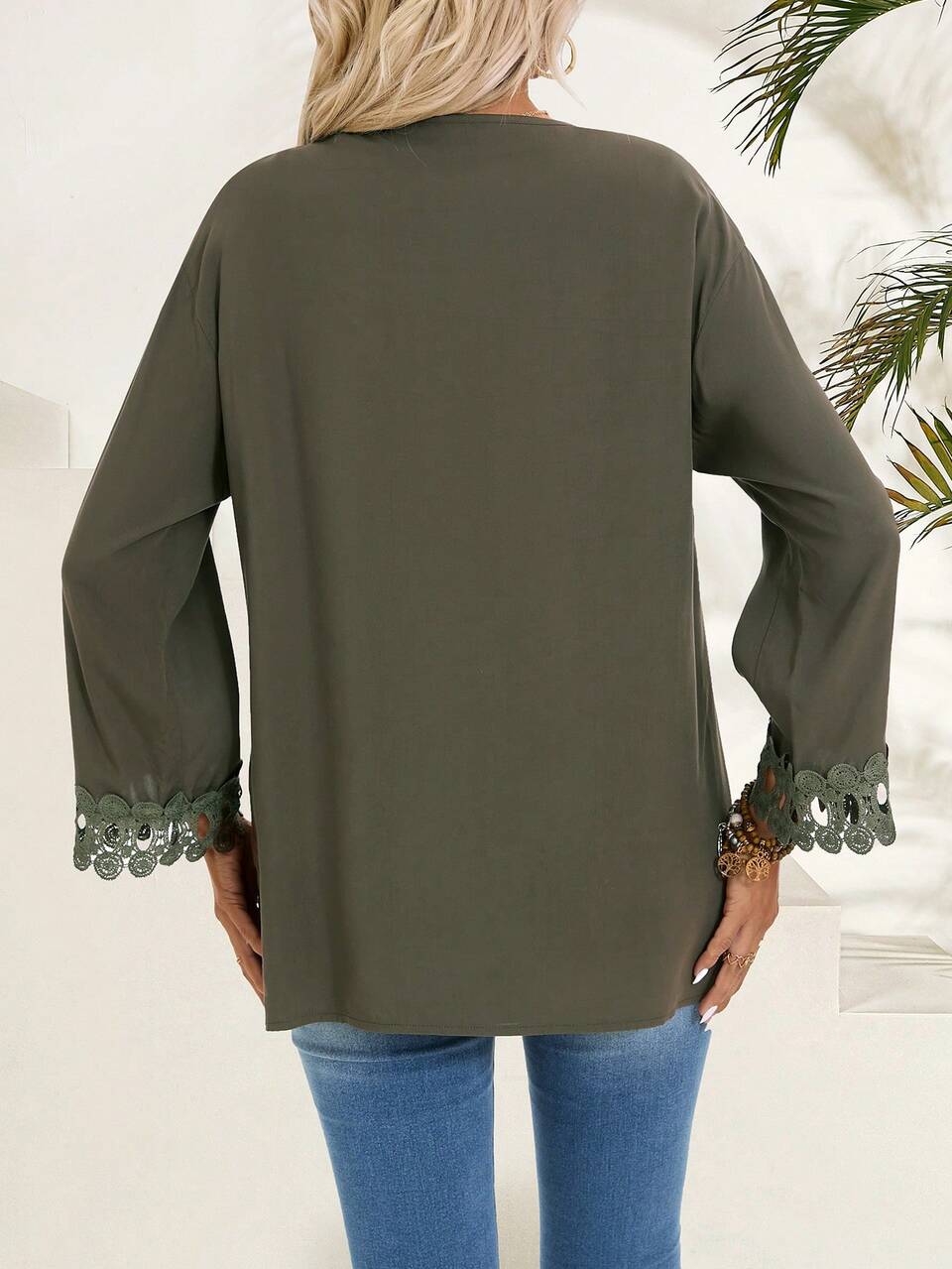 Solid Color Deep V-Neck Lace Patchwork Long Sleeve Beach Cover-Up Summer