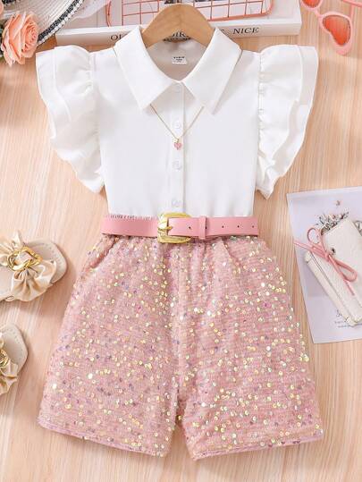 Sparklyn Tween Girls' Summer Cap Sleeve Shirt And Sequin Shorts Set,Holiday,Summer,Travel