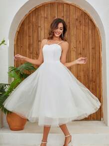 YUMIBRAVO 女士优雅简约纯色网眼细肩带婚纱，新娘 - 白色 - 查看 2