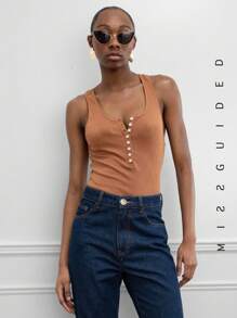 MISSGUIDED Button Through Tank - Brown - View 2