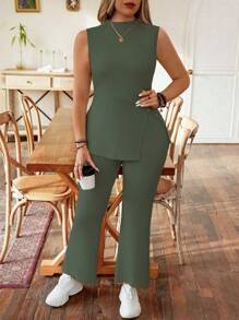 Celure Plus Size Stand Collar Sleeveless Top With Split Hem And Pants Two-Piece Set