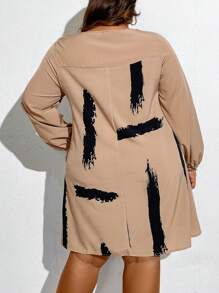SHEIN CURVE+ Women's Simple Printed Plus Size Dress - Khaki - View 2