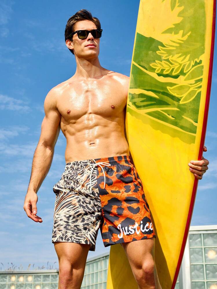 Men'S Letter & Leopard Print Drawstring Waist Beach Shorts