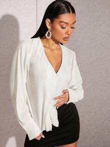 L'Amorae 褶皺剪裁領口扣子襯衫 - 白色 - 查看 5