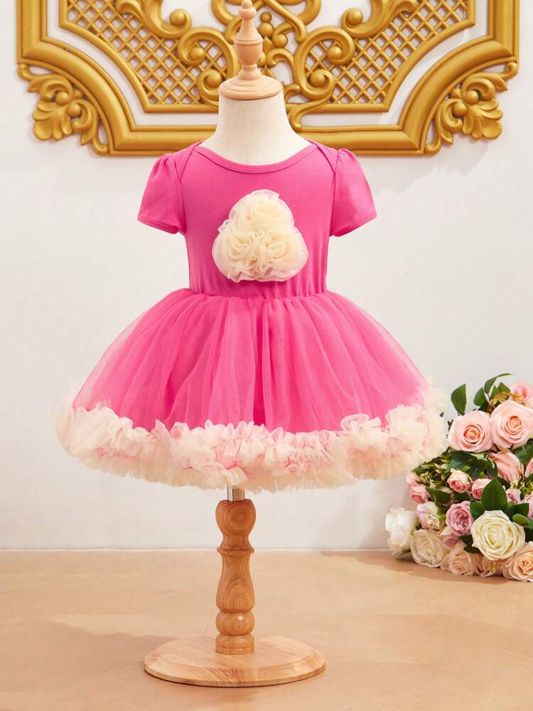 Baby Girl Elegant, Gorgeous, Cute 3d Mesh Flower Fluffy Dress Suitable For Outdoor Parties In Spring And Summer