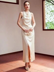 MOTF PREMIUM Vestido De Cuello Alto De Mujer Con Tejido, Botones Y Abertura En El Dobladillo - Albaricoque - Ver 5