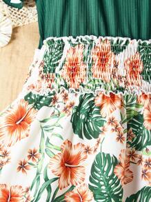 Váy ngắn hở vai in họa tiết cây nhiệt đới cho bé gái tuổi teen, ngày lễ, mùa hè, du lịch - Màu xanh lá cây đậm - Xem 5