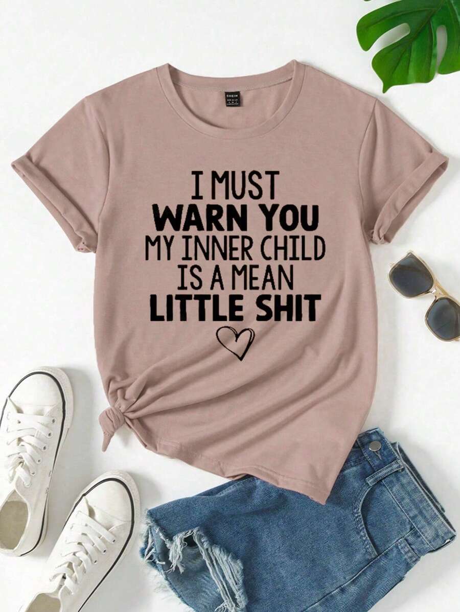 SHEIN LUNE 圓領字母印花短袖t恤 - 粉色 - 查看 1