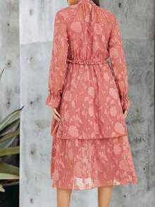 紅色女式長袖連衣裙,秋季半高領a字型休閒工作服波西米亞花朵裝 - 紅色 - 查看 2