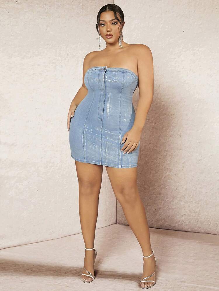 Metallic Sexy High Elastic Plus Size Denim Tube Top Mini Dress&Festival Outfits&Music Festival