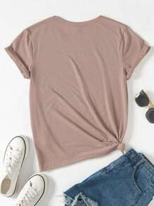 SHEIN LUNE 圓領字母印花短袖t恤 - 粉色 - 查看 2