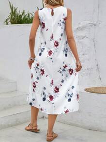 SHEIN LUNE Women's Floral Print Sleeveless A-Line Midi Dress Summer - White - View 2