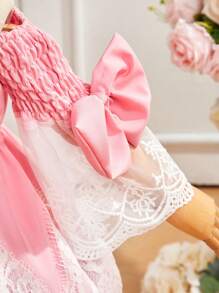 SHEIN Baby Girl Elegant Palace Style Lace Patchwork Dress With Bow Knot Suitable For Parties - Pink - View 3