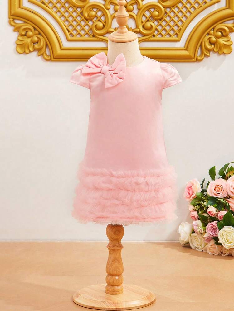 Baby Girl's Gorgeous 3d Bowknot & Multi Layer Tulle Hem Dress, Perfect For Parties In Spring/Summer