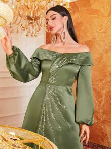 Modelyn Women's Off-Shoulder Lantern Sleeve Dress With Rhinestones Decoration Long Evening Dresses - Olive Green - View 4