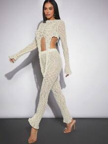 Hauture Textured Knit Draped Top & Pants Set - White - View 3