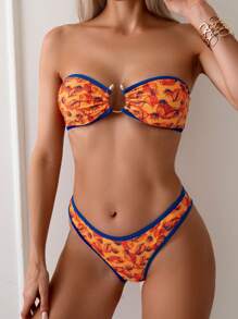 SHEIN Swim 女士树叶印花抹胸比基尼套装 夏季 - 彩色 - 查看 3