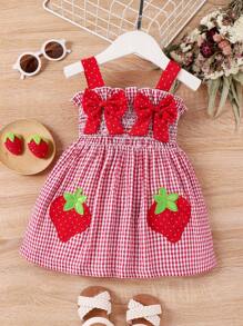 SHEIN Baby Girl Sweet And Cute Strawberry Print Sleeveless Dress For Summer - Red - View 1