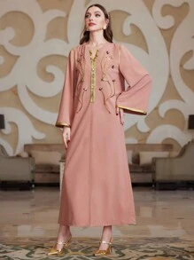 Al Najma Long Sleeve Color Block Dress With Rhinestone Decoration - Pink - View 5