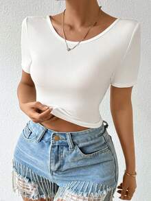 Allurite Chuỗi Trang trí Áo phông Crop Với Mở Lưng - trắng - Xem 5