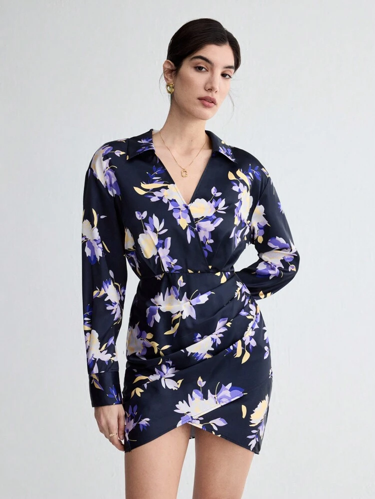 Women's Floral Printed Wrap Dress With Cross Front And Lapel Collar