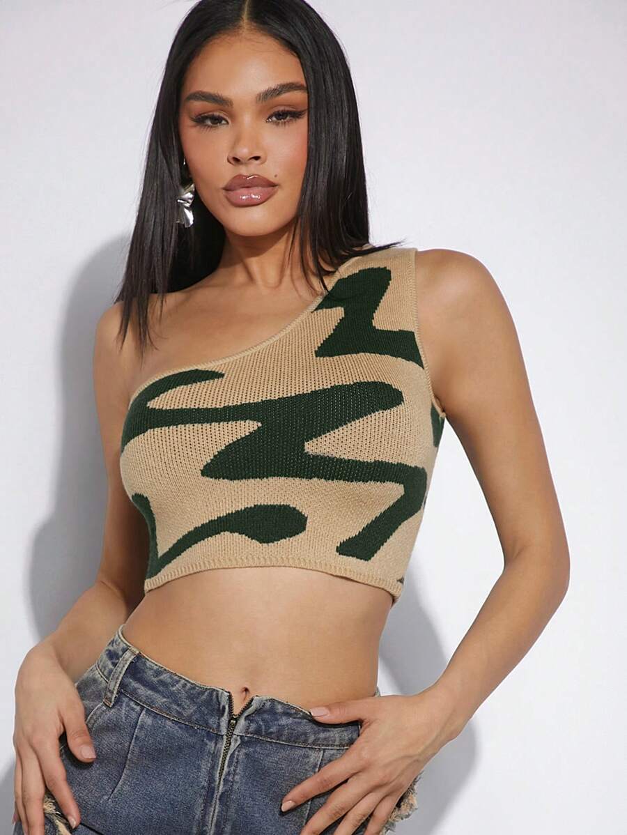 Hauture Wave Camo One Shoulder Crop Knit Top - Multicolor - View 1