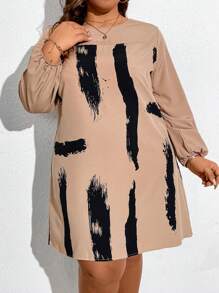 SHEIN CURVE+ Women's Simple Printed Plus Size Dress - Khaki - View 3