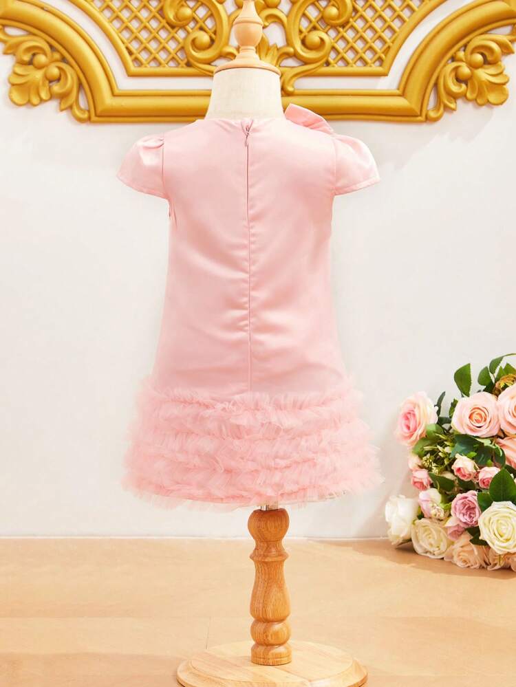 Baby Girl's Gorgeous 3d Bowknot & Multi Layer Tulle Hem Dress, Perfect For Parties In Spring/Summer