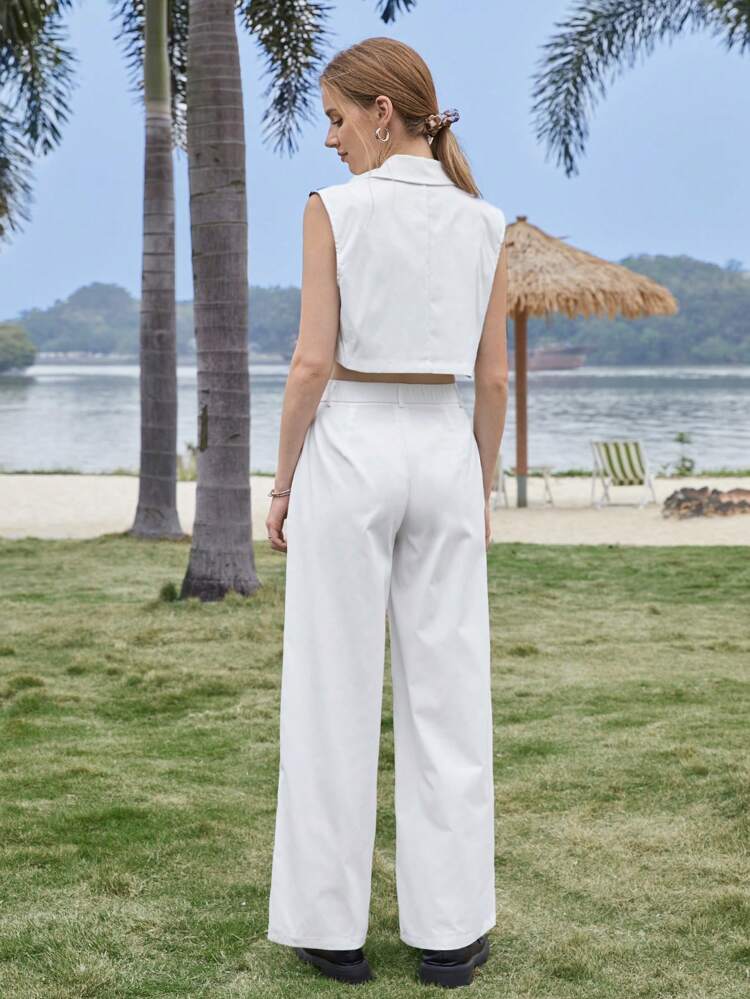 Women's White Woven Letter Detailed Blazer Vest With Contrast Collar And Pants Set