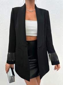 RueChic Shawl Collar Diamond With Fringed Edge Blazer Jacket - Black and White - View 1