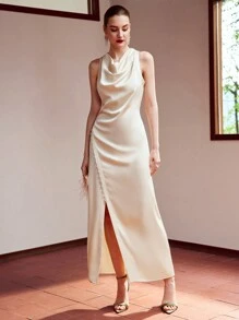 MOTF PREMIUM Vestido De Cuello Alto De Mujer Con Tejido, Botones Y Abertura En El Dobladillo - Albaricoque - Ver 6