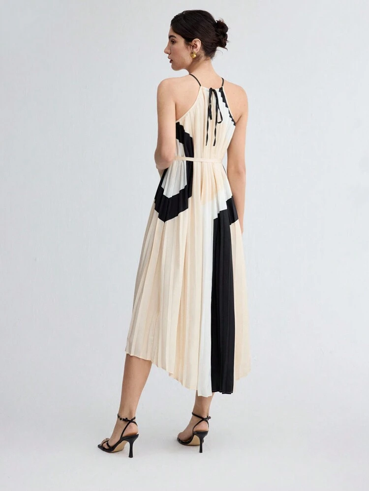 Ladies' Colorblock Belted Pleated Dress