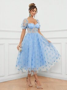 SHEIN Belle 女士浪漫優雅藍色心形亮片圖案網紗泡泡袖甜心領半透結構氣泡裙，適合音樂節、畢業季、正式酒會晚禮服 - 淺藍色 - 查看 1