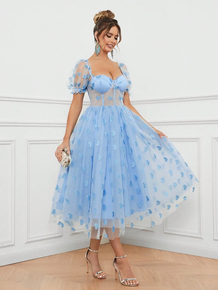 SHEIN Belle 女士浪漫優雅藍色心形亮片圖案網紗泡泡袖甜心領半透結構氣泡裙，適合音樂節、畢業季、正式酒會晚禮服 - 淺藍色 - 查看 1