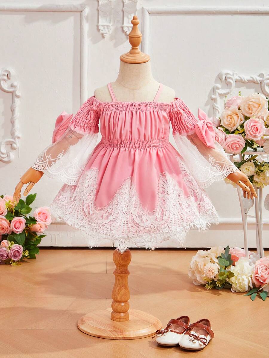 SHEIN Baby Girl Elegant Palace Style Lace Patchwork Dress With Bow Knot Suitable For Parties - Pink - View 1