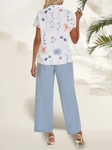 EMERY ROSE Floral Print Button Detail Batwing Sleeve Shirt + Belted Pants Set Summer - Blue - View 2