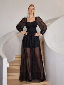 SHEIN Belle Đầm lưới xuyên thấu màu đen thanh lịch, lãng mạn và sang trọng Váy lưới dài tay đính sequin xếp li trong mờ Váy viền chữ A cỡ lớn ngày lễ Lễ tốt nghiệp Lễ phục sinh Váy dạ hội công nghiệp nặng - màu đen - Xem 4