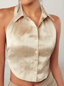 L'Amorae Pinstriped Halter Top & Pants Two Pieces Set - Mint Blue - View 4