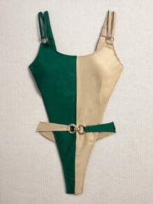 SHEIN Swim 女士时尚连体泳衣，配色块双肩带、腰带扣，夏季 - 彩色 - 查看 7